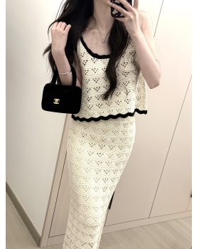 Knitted short skirt mixed colors vest 2pcs set