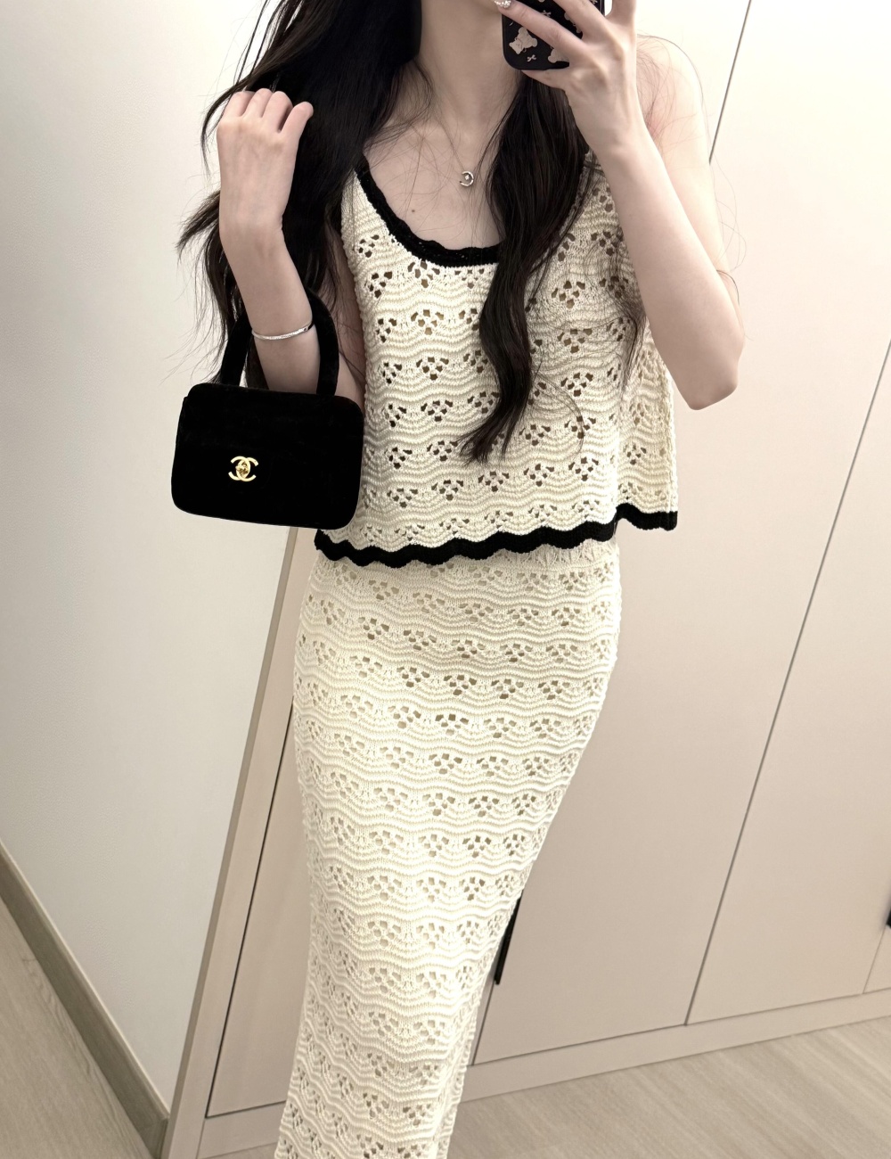 Knitted short skirt mixed colors vest 2pcs set