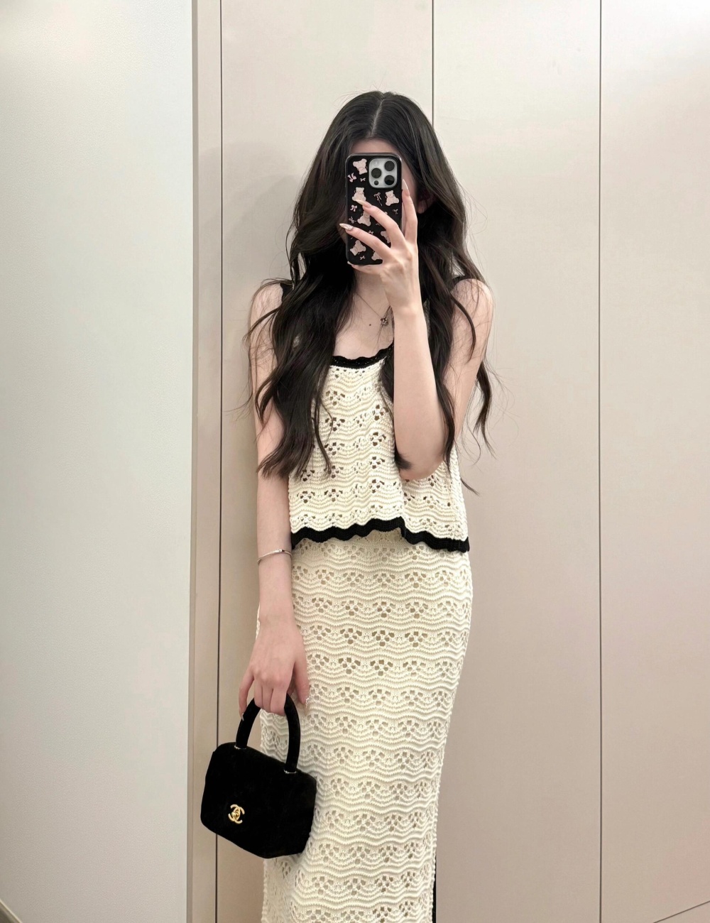 Knitted short skirt mixed colors vest 2pcs set