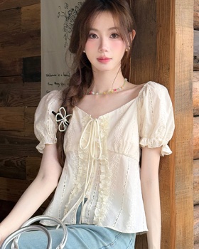 Embroidery frenum chiffon shirt V-neck tops for women