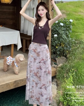 Summer knitted sling pure floral skirt a set for women