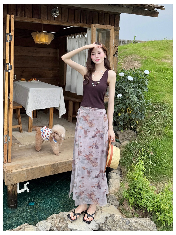 Summer knitted sling pure floral skirt a set for women