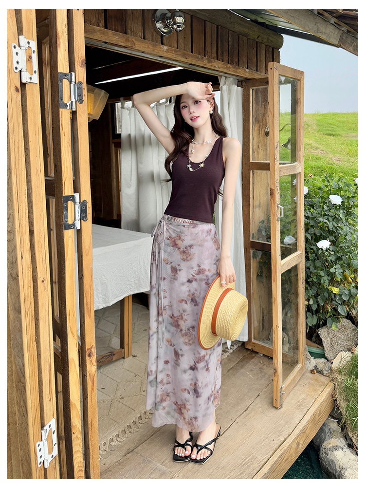Summer knitted sling pure floral skirt a set for women
