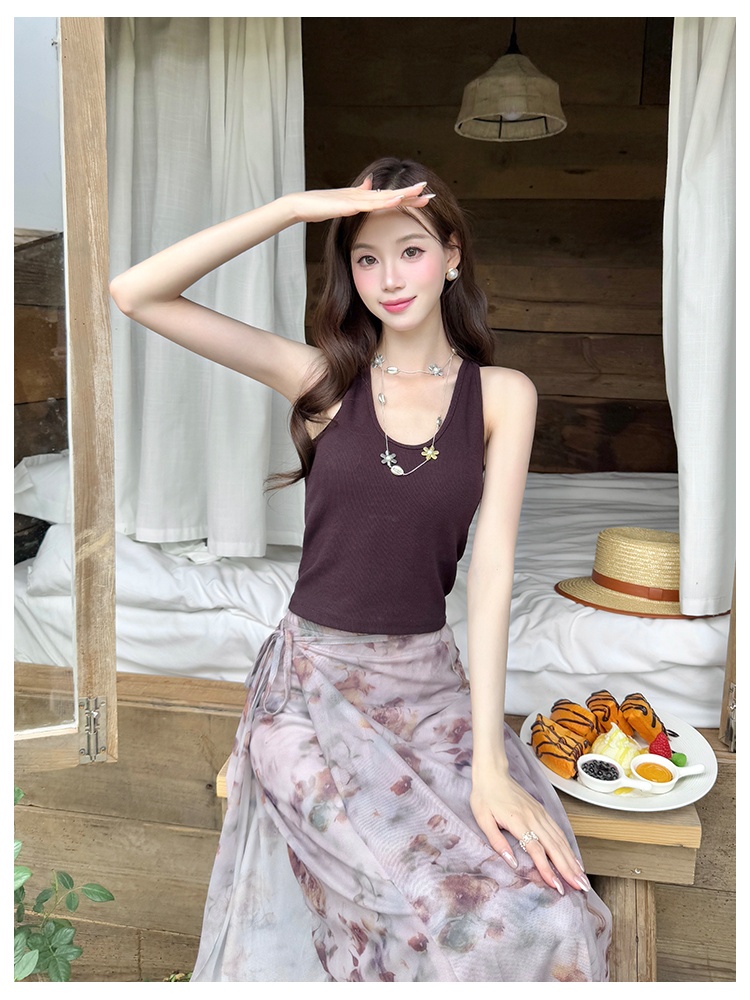Summer knitted sling pure floral skirt a set for women