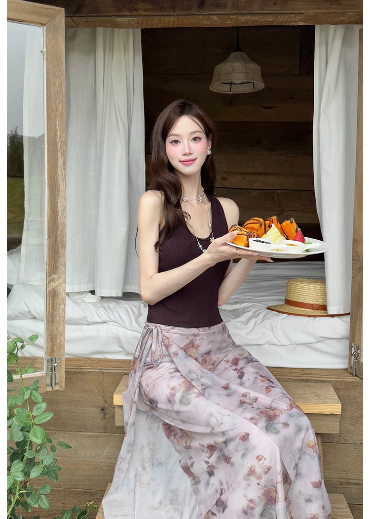 Summer knitted sling pure floral skirt a set for women