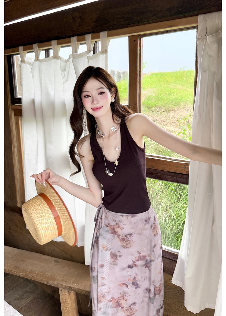 Summer knitted sling pure floral skirt a set for women