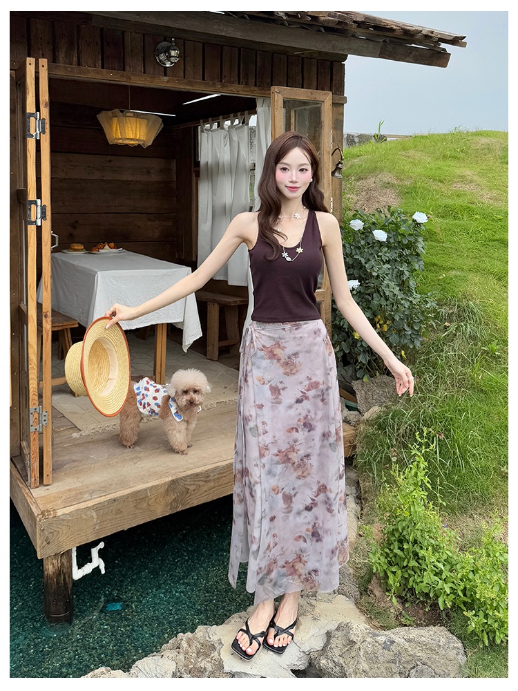 Summer knitted sling pure floral skirt a set for women