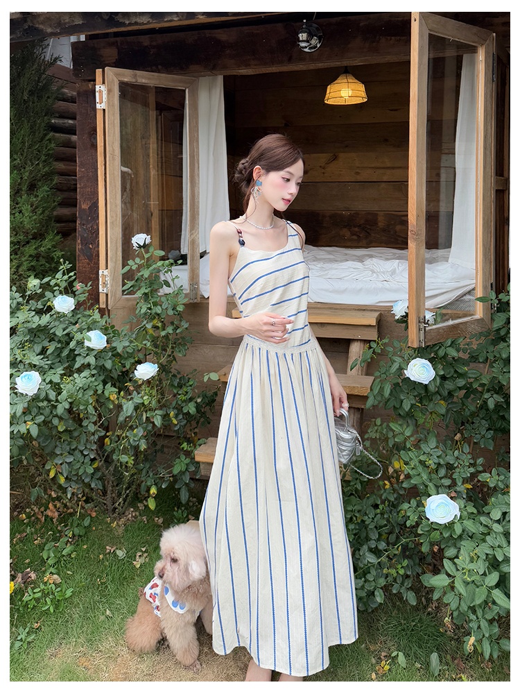 Stripe summer strap dress France style slim dress