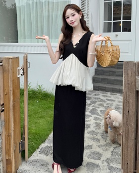 Fashion temperament summer tops splice slim skirt 2pcs set