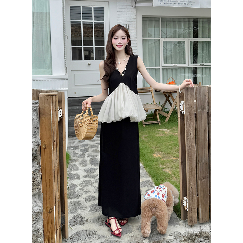 Fashion temperament summer tops splice slim skirt 2pcs set