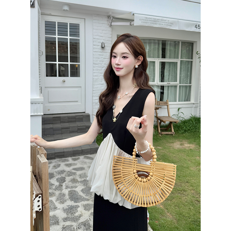 Fashion temperament summer tops splice slim skirt 2pcs set
