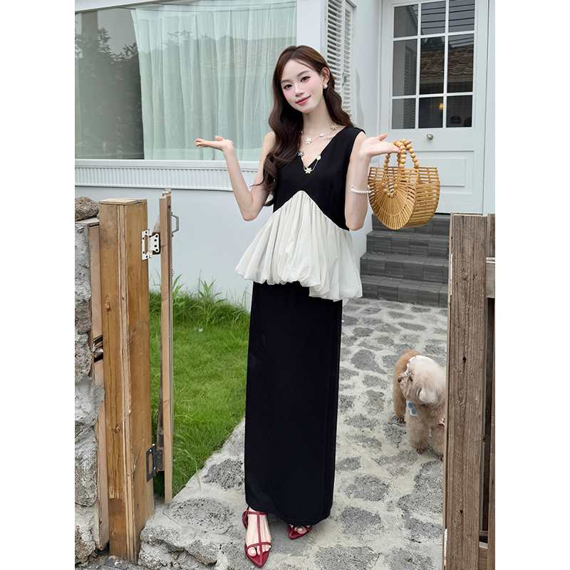 Fashion temperament summer tops splice slim skirt 2pcs set