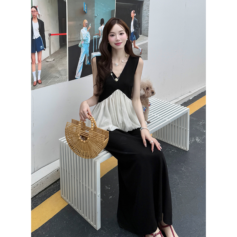 Fashion temperament summer tops splice slim skirt 2pcs set