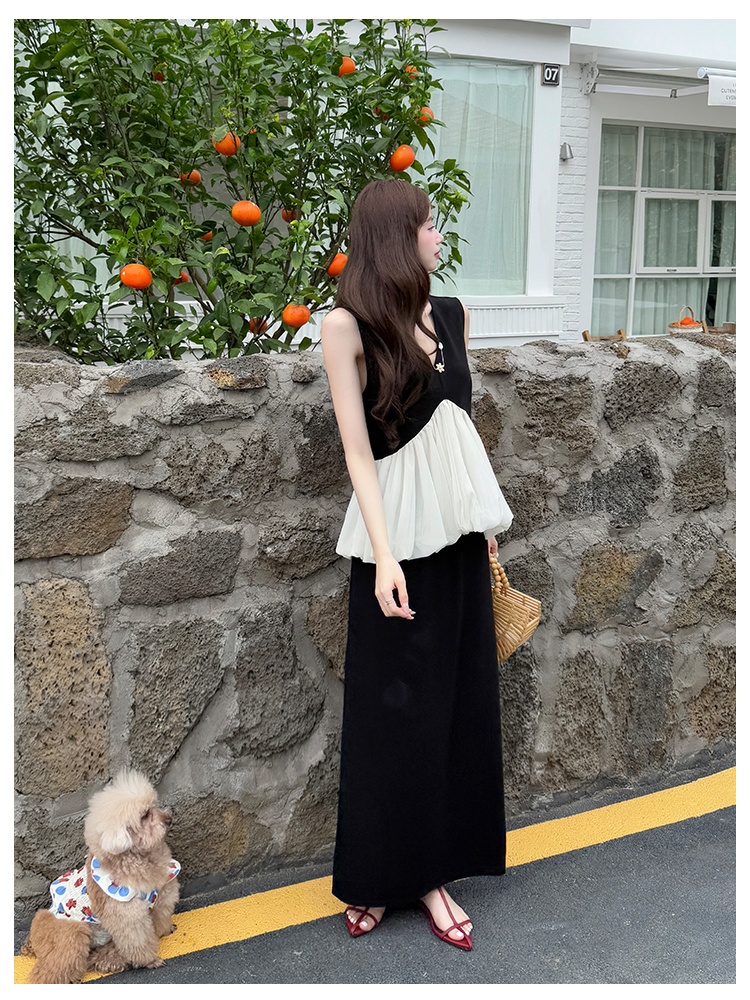 Fashion temperament summer tops splice slim skirt 2pcs set