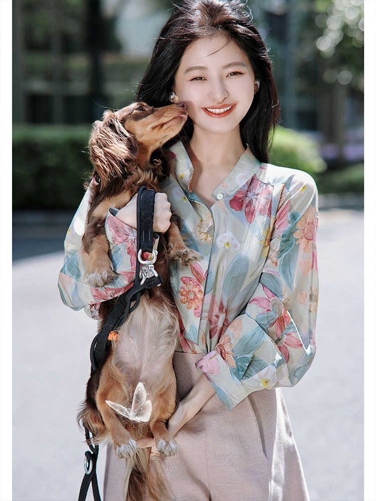 Real silk retro canvas tops printing shirt