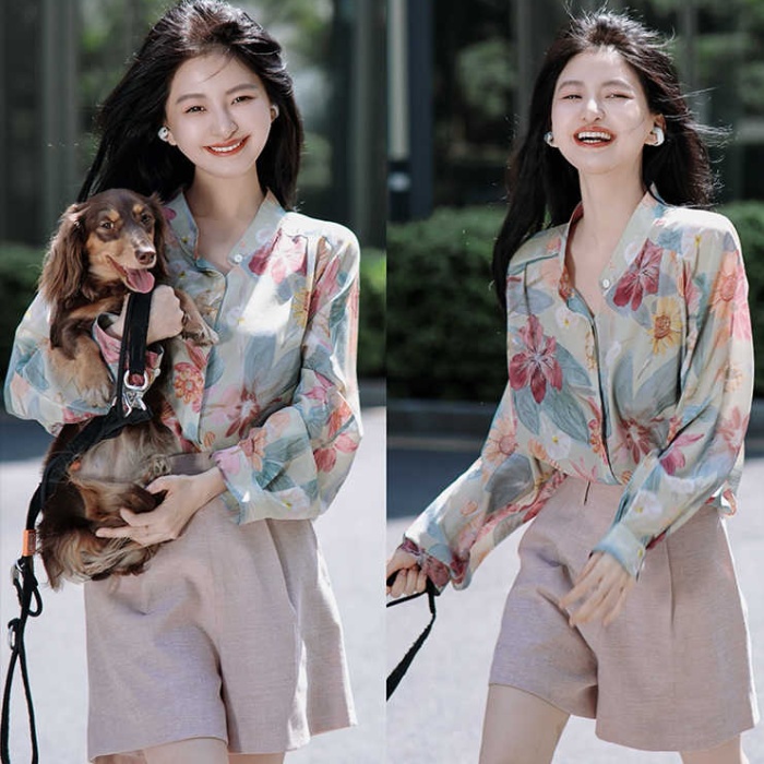 Real silk retro canvas tops printing shirt