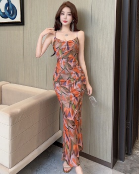 Gauze printing halter sling long sexy dress