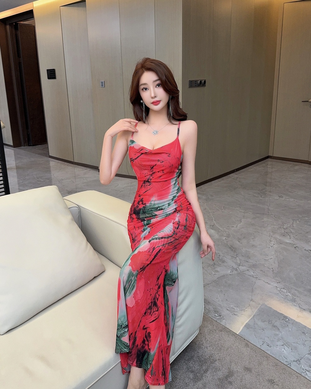 Gauze printing halter sling long sexy dress
