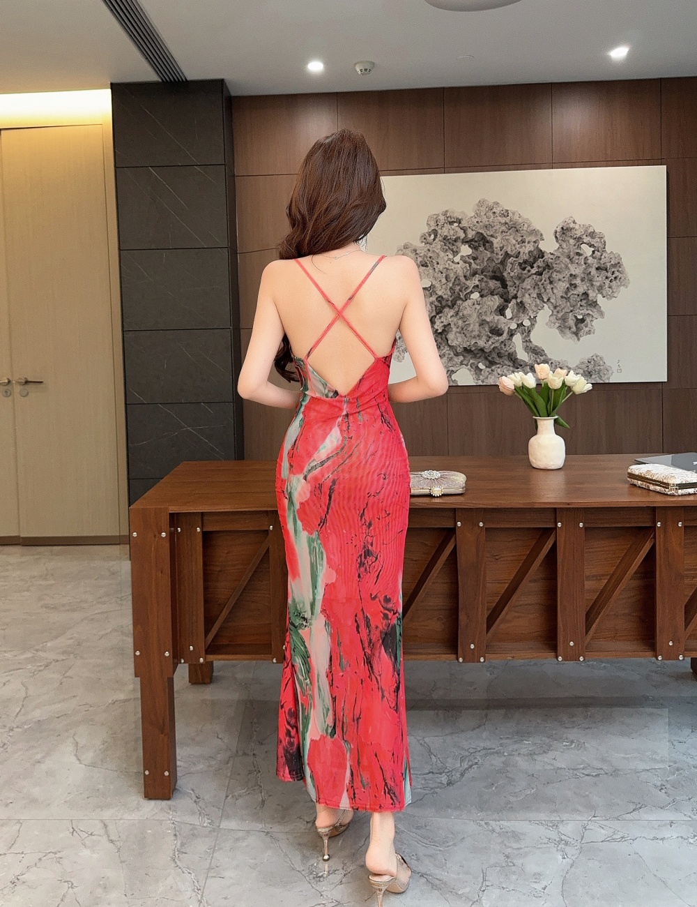 Gauze printing halter sling long sexy dress