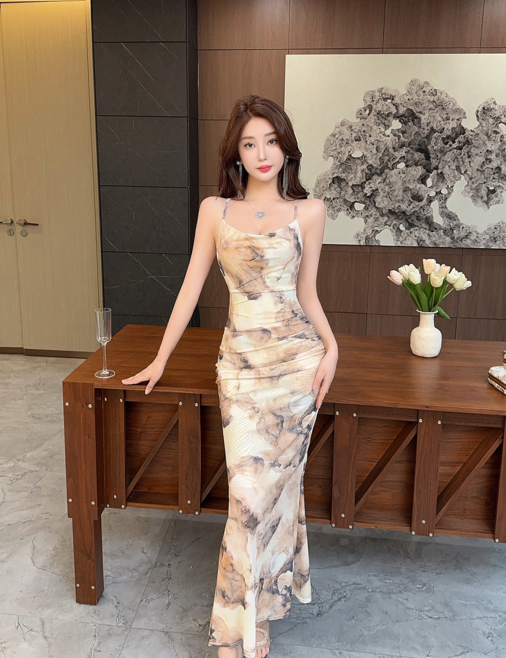 Gauze printing halter sling long sexy dress