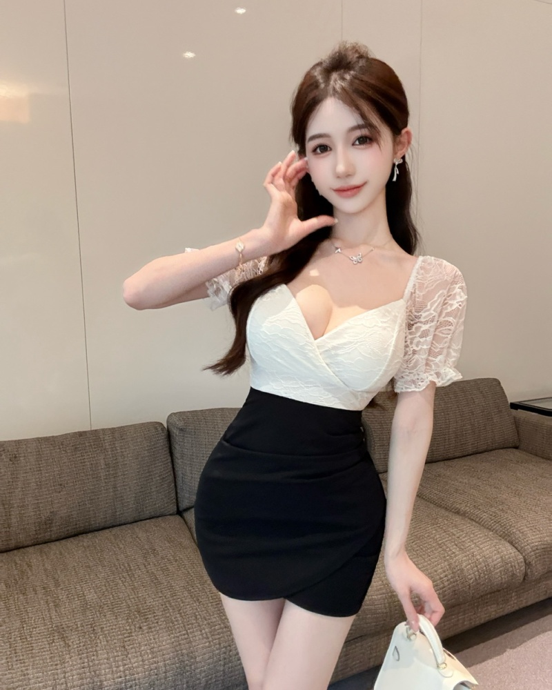 Sexy package hip short bottoming lace splice dress