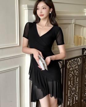 Bottoming V-neck gauze short sleeve sexy dress