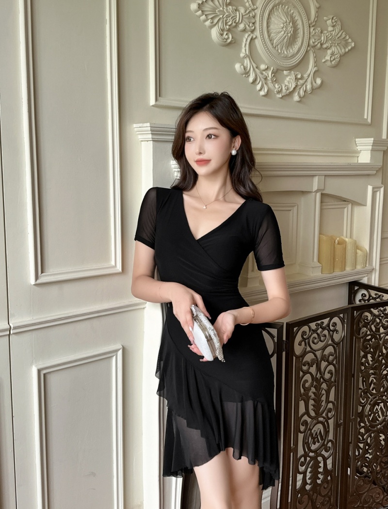 Bottoming V-neck gauze short sleeve sexy dress