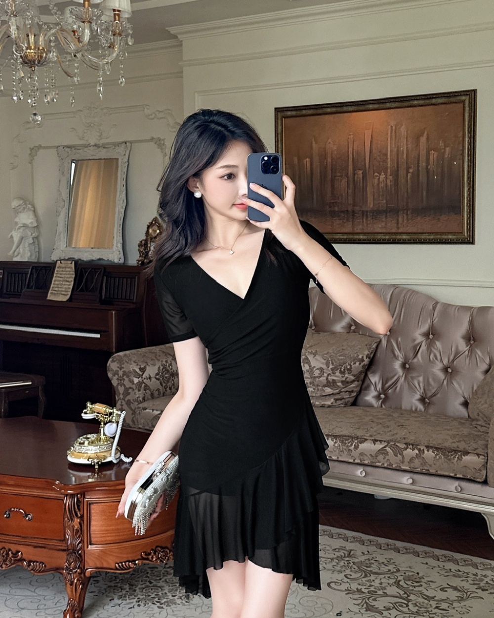 Bottoming V-neck gauze short sleeve sexy dress
