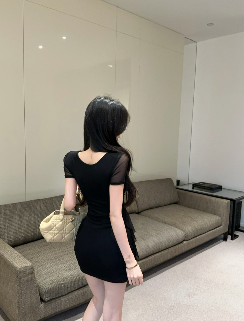 Short hip sexy dress gauze low-cut tassel bag
