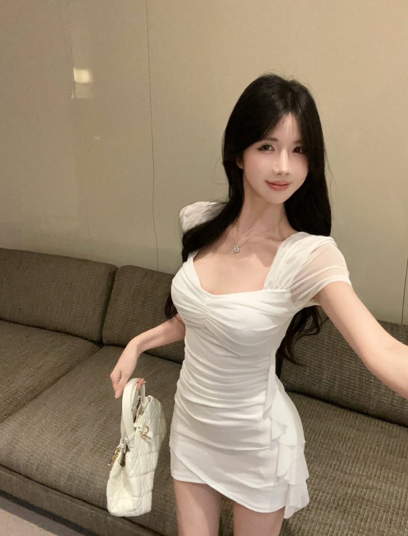 Short hip sexy dress gauze low-cut tassel bag