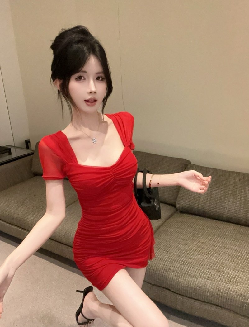 Short hip sexy dress gauze low-cut tassel bag