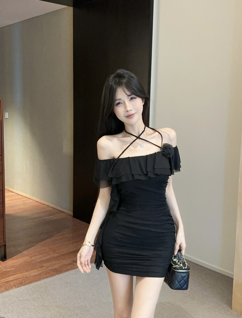 Lotus leaf edges short sexy gauze package hip dress