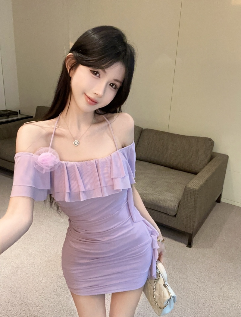 Lotus leaf edges short sexy gauze package hip dress