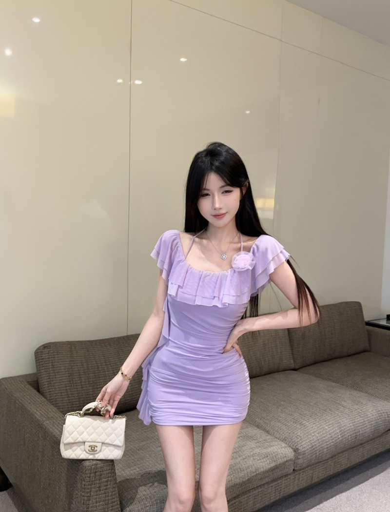 Lotus leaf edges short sexy gauze package hip dress