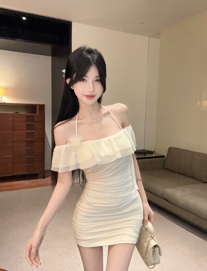 Lotus leaf edges short sexy gauze package hip dress