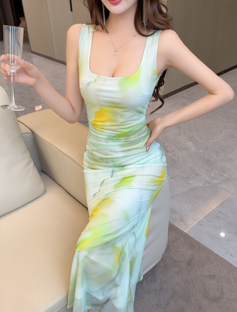 Gauze long vest sexy printing dress