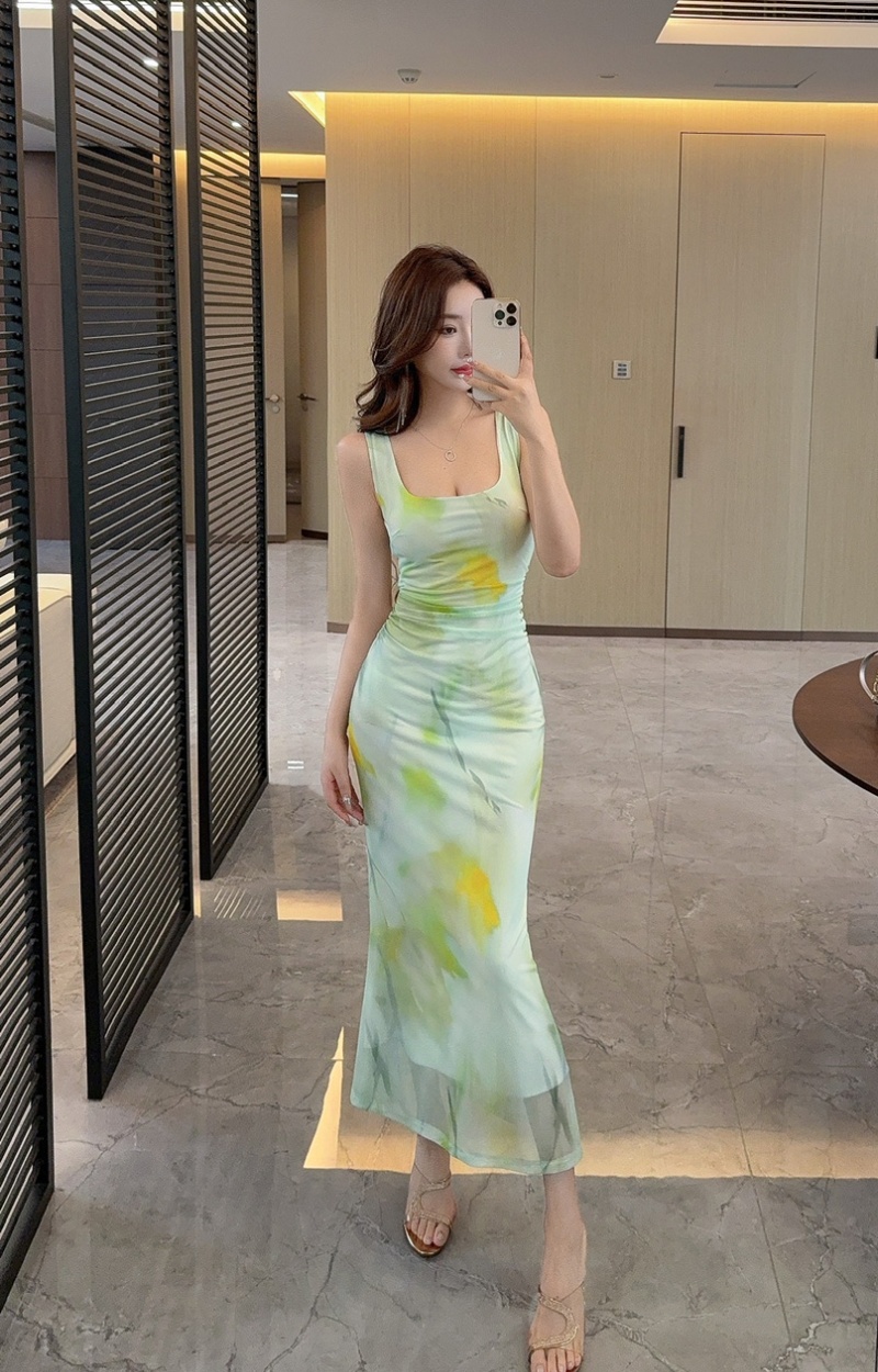Gauze long vest sexy printing dress