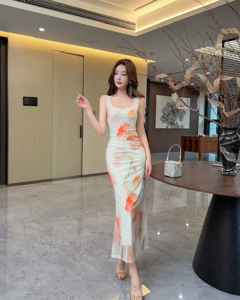 Gauze long vest sexy printing dress