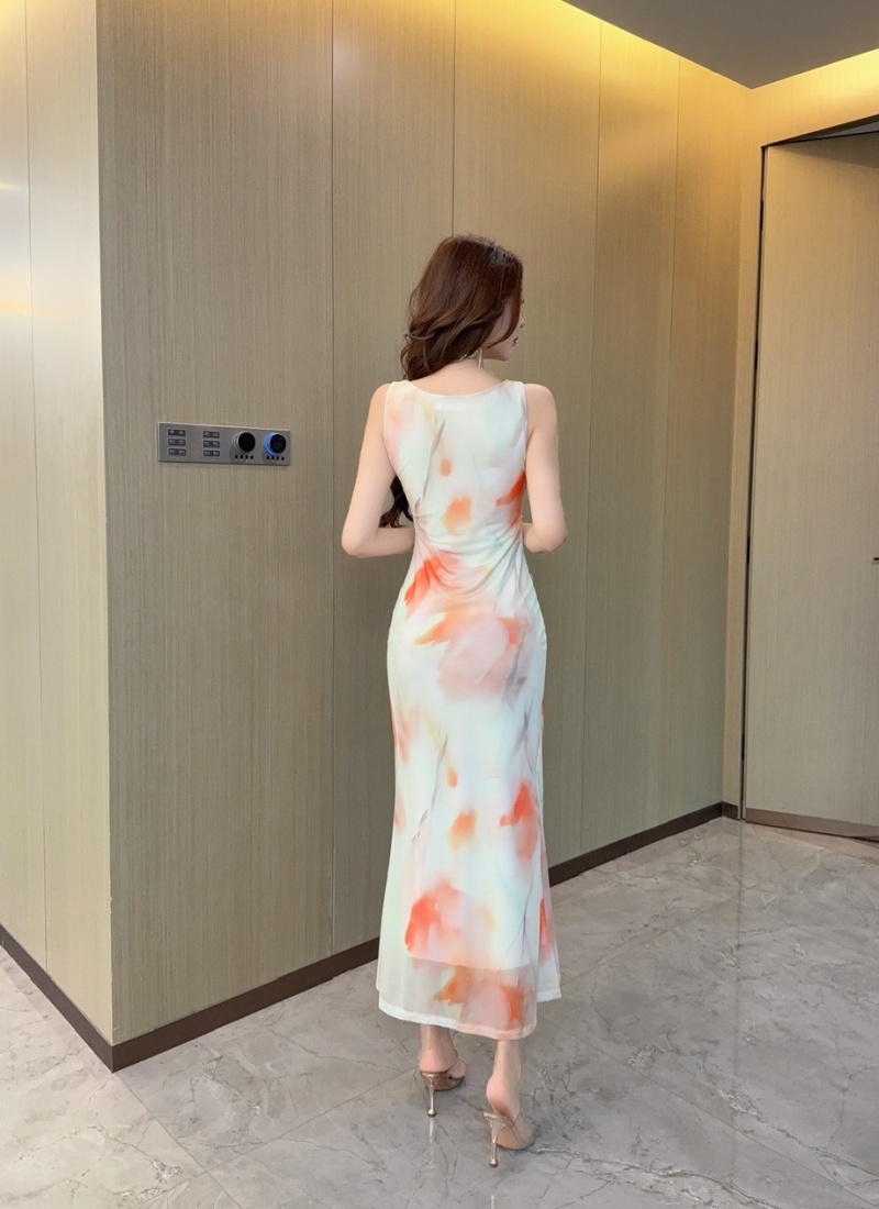 Gauze long vest sexy printing dress