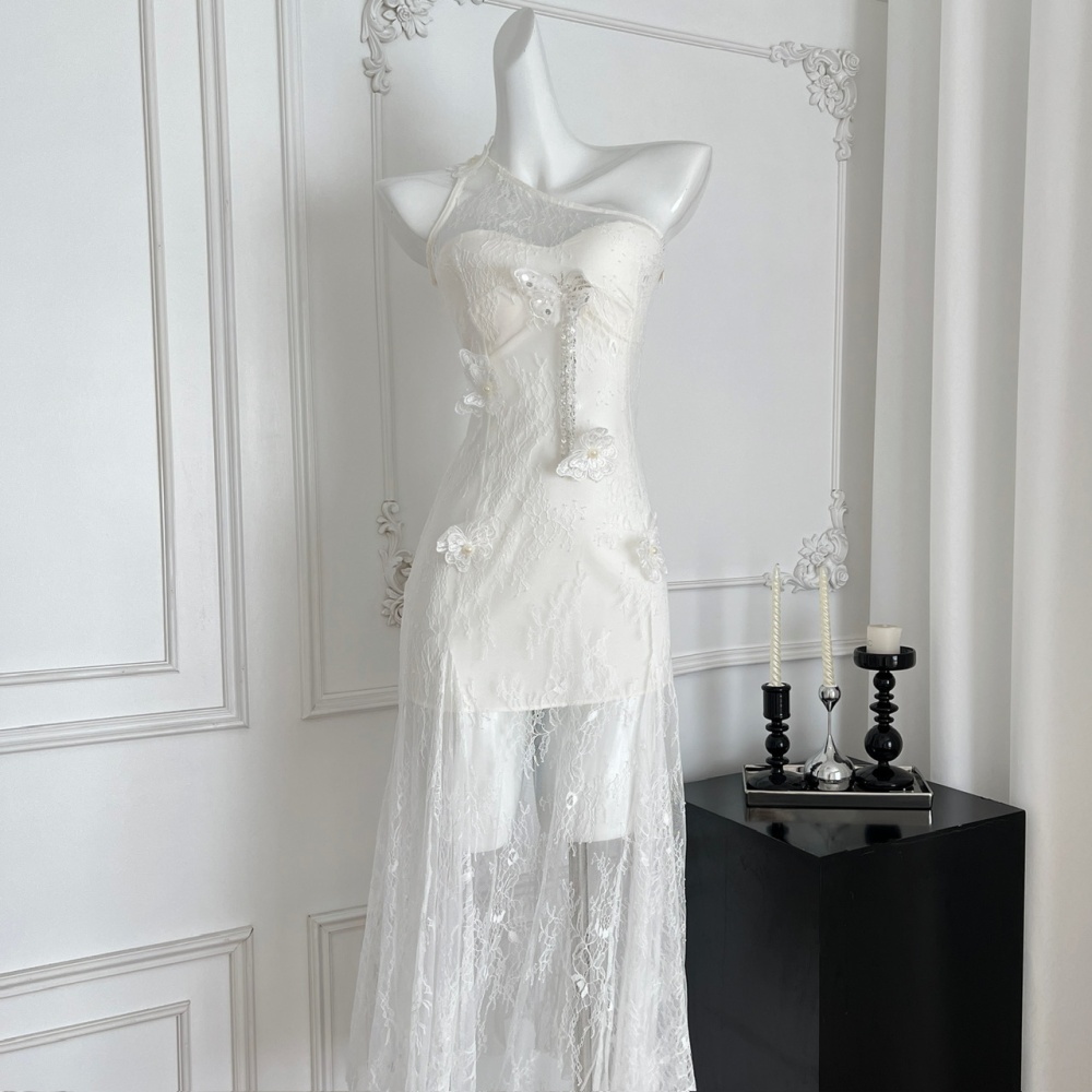 Temperament white pinched waist strapless dress