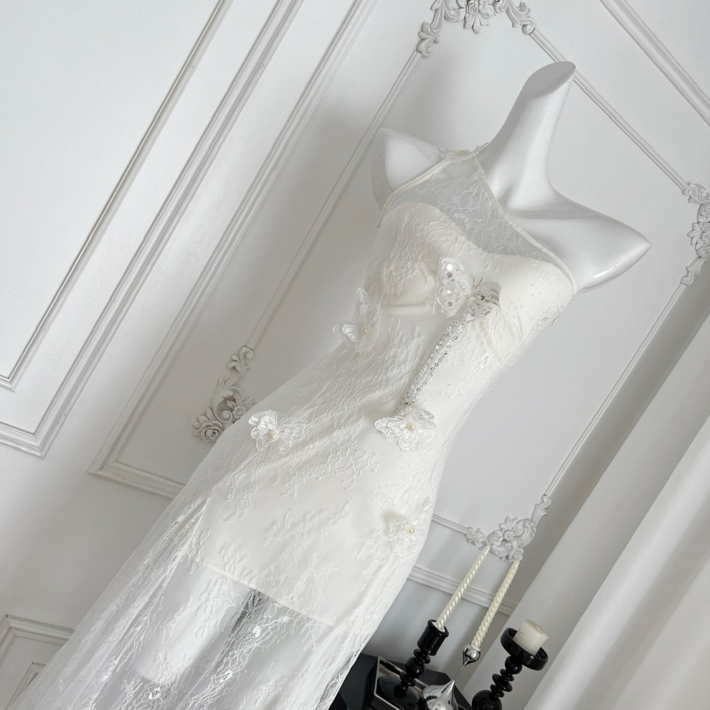 Temperament white pinched waist strapless dress