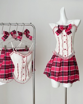 Sling summer pleated vest lace bow enticement skirt a set