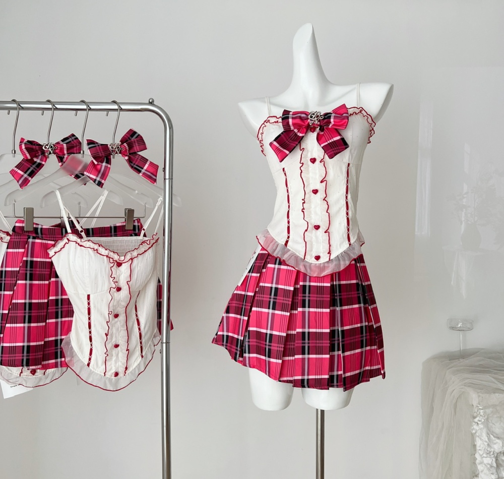 Sling summer pleated vest lace bow enticement skirt a set