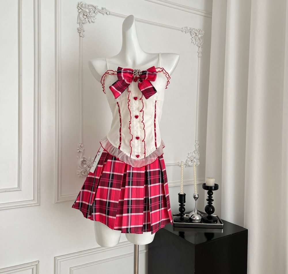 Sling summer pleated vest lace bow enticement skirt a set