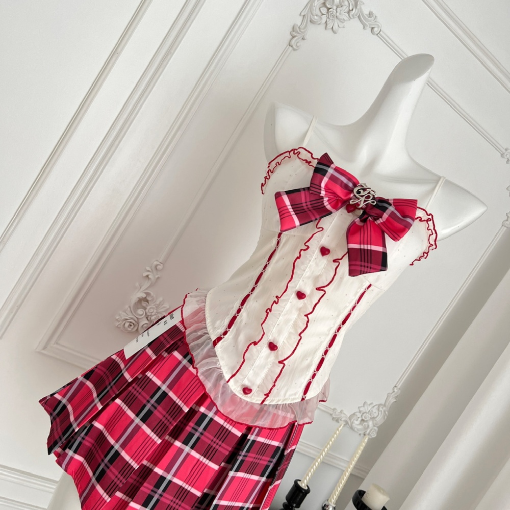 Sling summer pleated vest lace bow enticement skirt a set