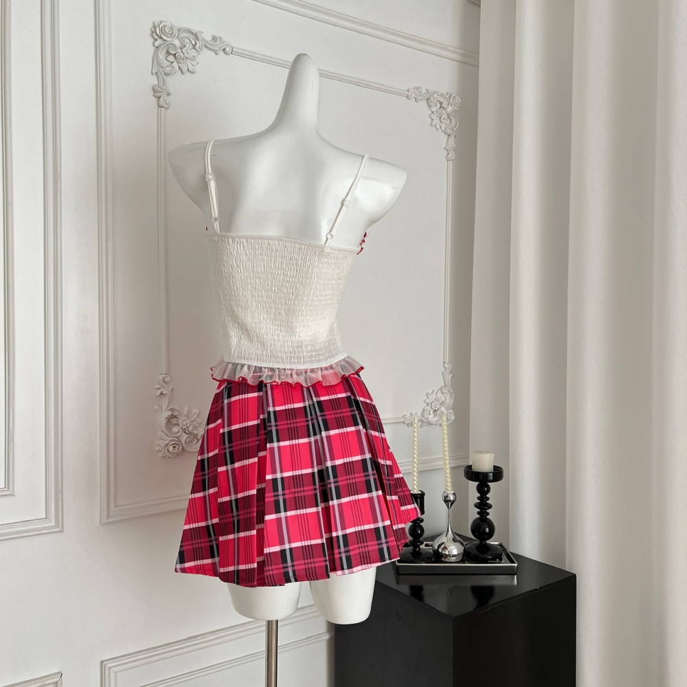 Sling summer pleated vest lace bow enticement skirt a set