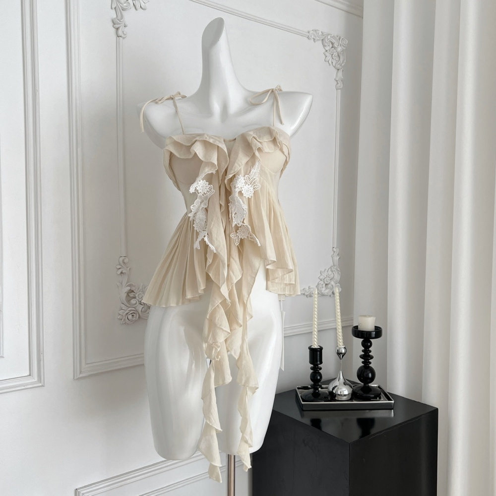 Chiffon elegant halter tops wood ear laminated short skirt