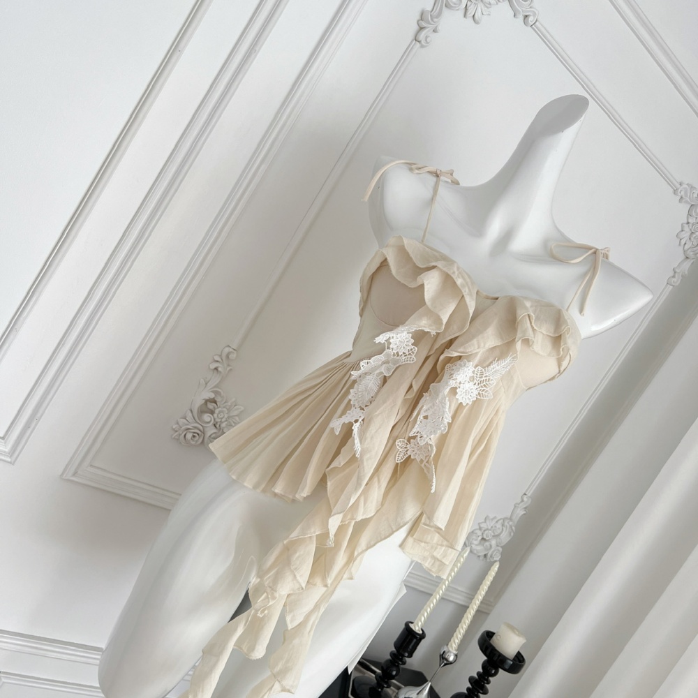 Chiffon elegant halter tops wood ear laminated short skirt
