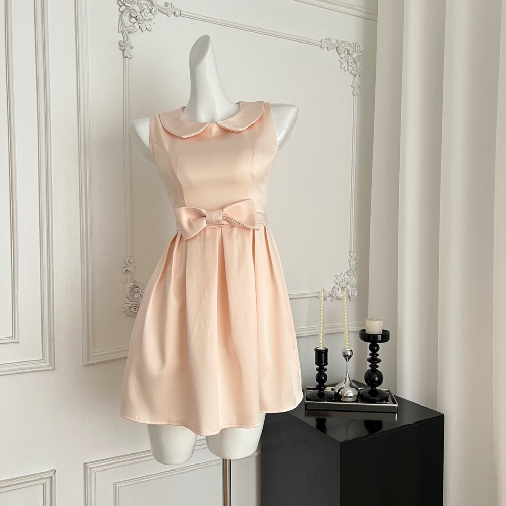 Pinched waist sleeveless dress doll collar satin vest