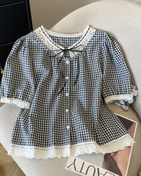 Loose retro plaid tops summer frenum shirt for women